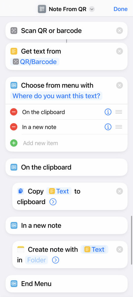 A screenshot of an iOS Shortcut workflow showing the various steps: scanning the QR code, decoding the text, and asking the user whether they want to add the text to iOS Notes or copy it to the clipboard.