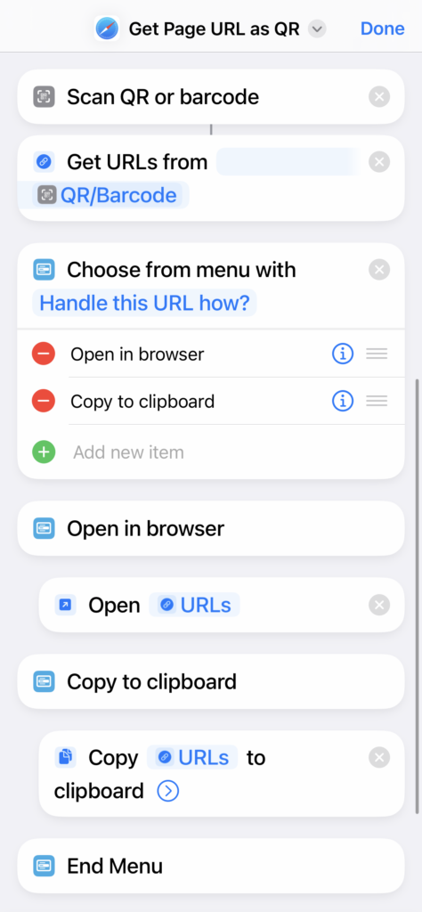 A screenshot of an iOS Shortcut workflow showing the various steps: scanning the QR code, extracting the URL, and asking the user whether they want to open the URL in a browser or copy it to the clipboard.